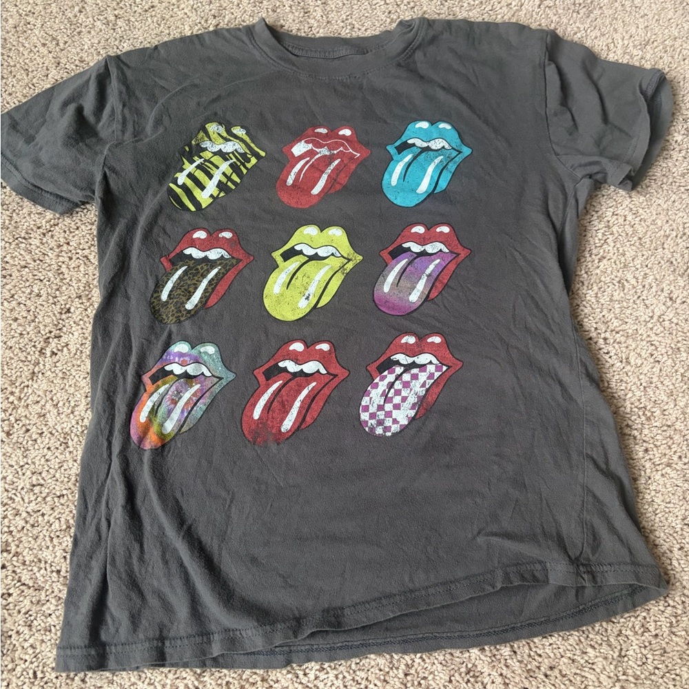 The Rolling Stones Juniors T-Shirt - Multicolor Tongue Design on Charcoal